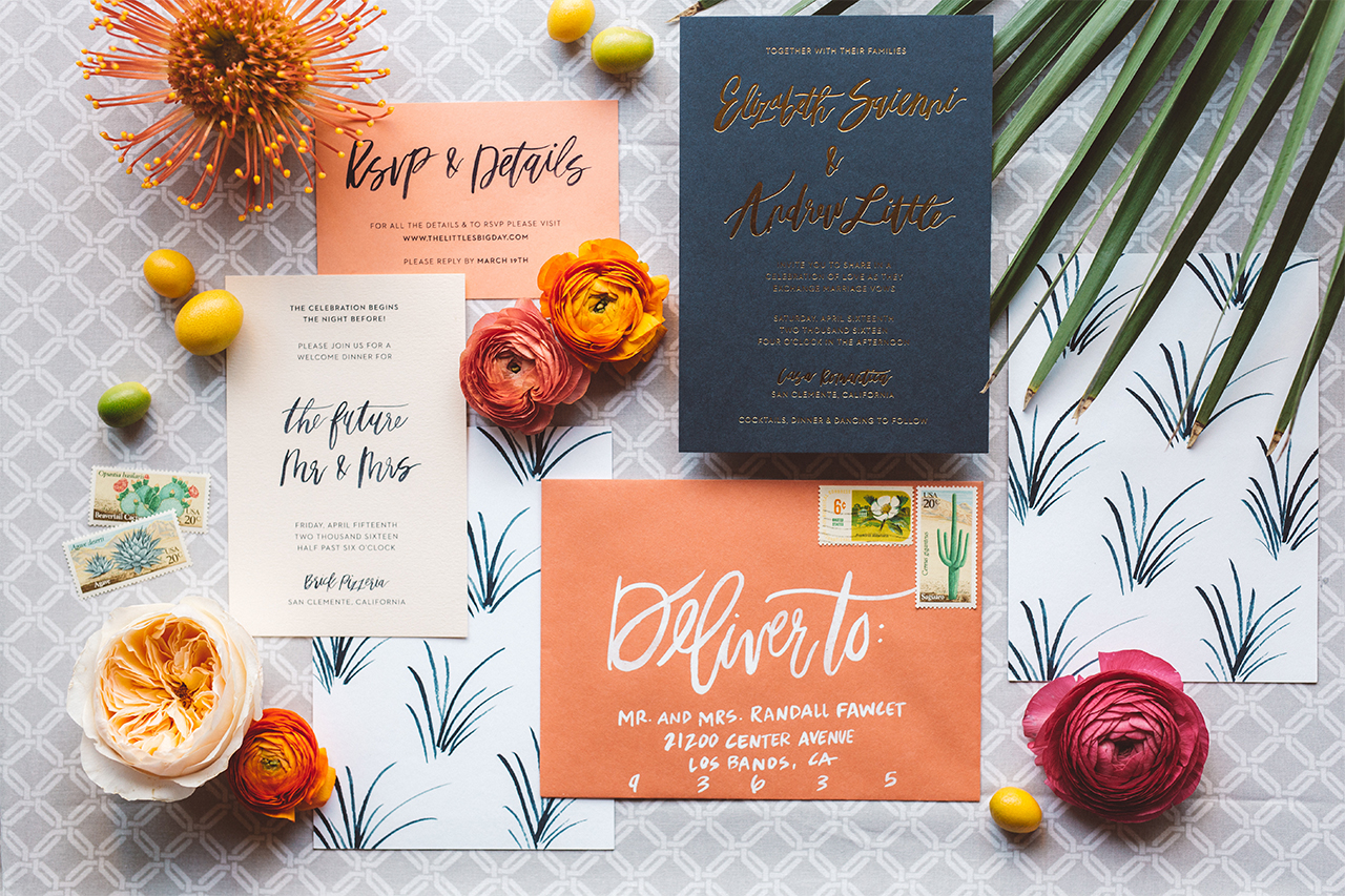 Brush Lettered Gold and Navy Wedding Invitations by Goodheart Designs