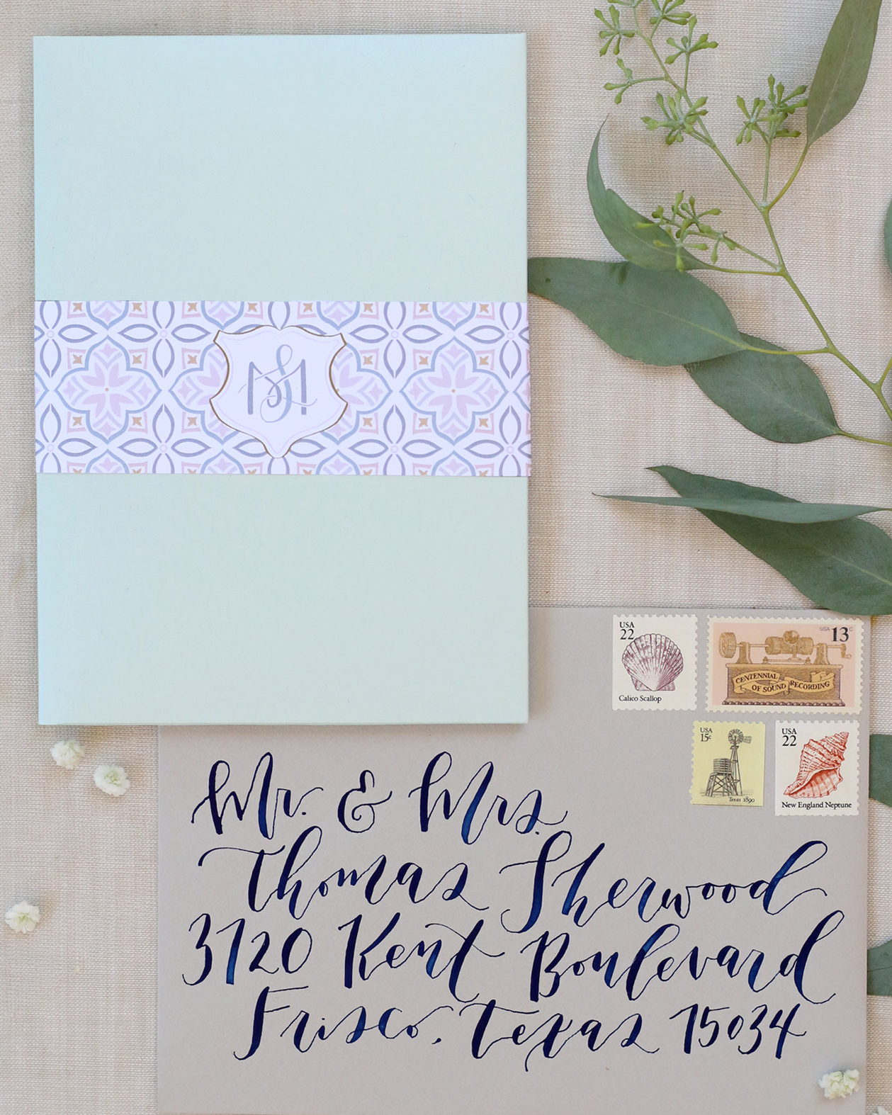 Seafoam and Gold Foil Save the Dates by Goldie Design Co.