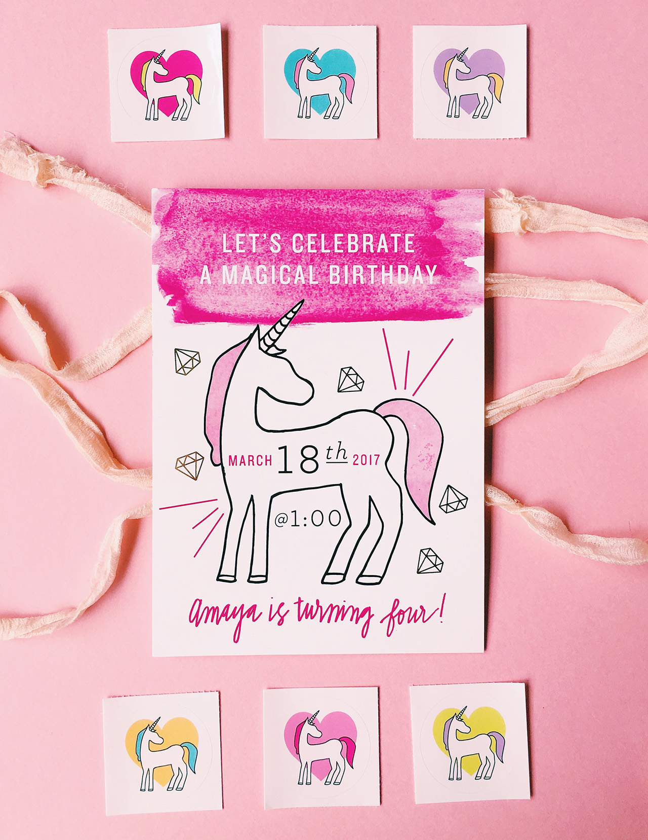 Unicorn and Gemstone Inspired Birthday Party Invitations by Flyover Design Co.