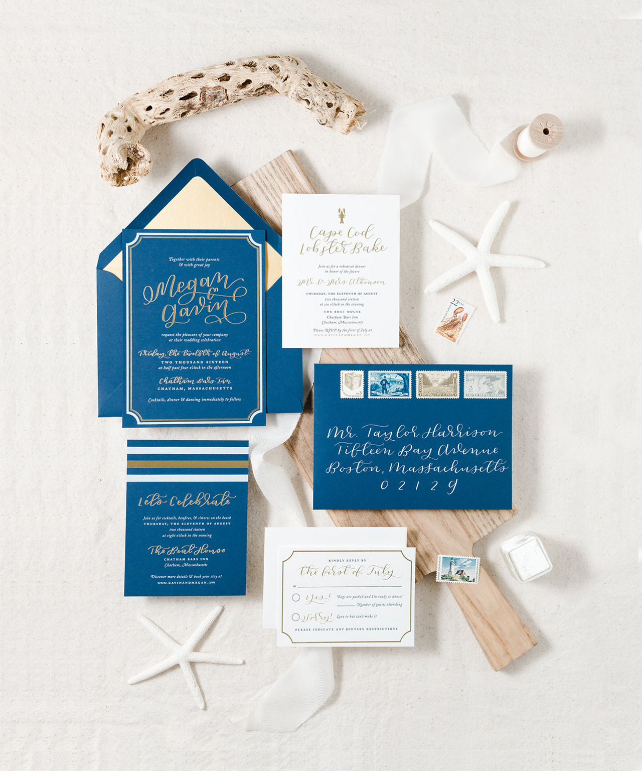 Nautical Navy and Gold Foil Wedding Invitations by Paper & Honey