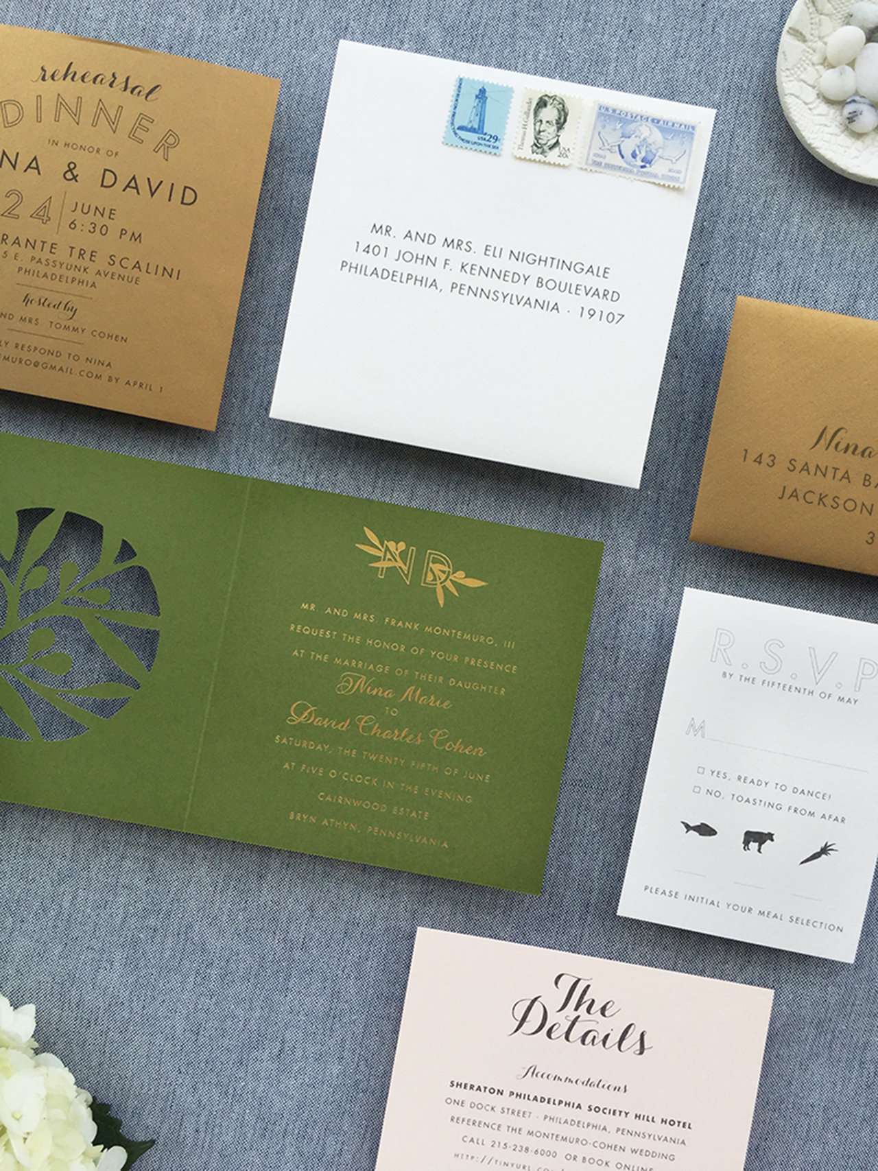 Modern Lasercut Olive and Gold Foil Wedding Invitations by Charm and Fig
