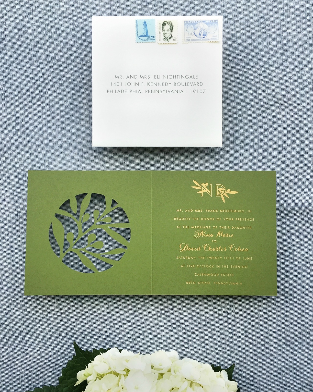 Modern Lasercut Olive and Gold Foil Wedding Invitations by Charm and Fig