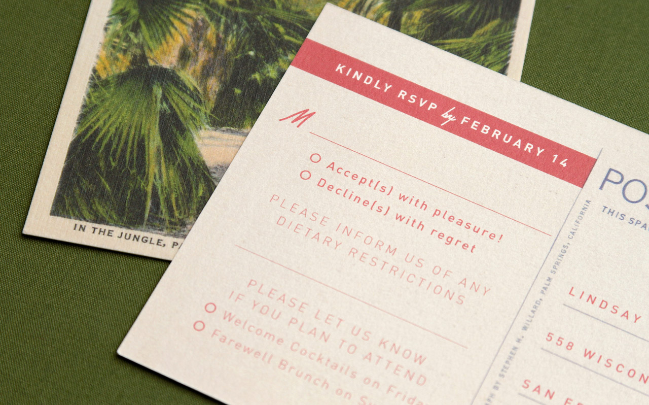 Retro Coral and Olive Palm Springs Wedding Invitations by Anticipate Invitations