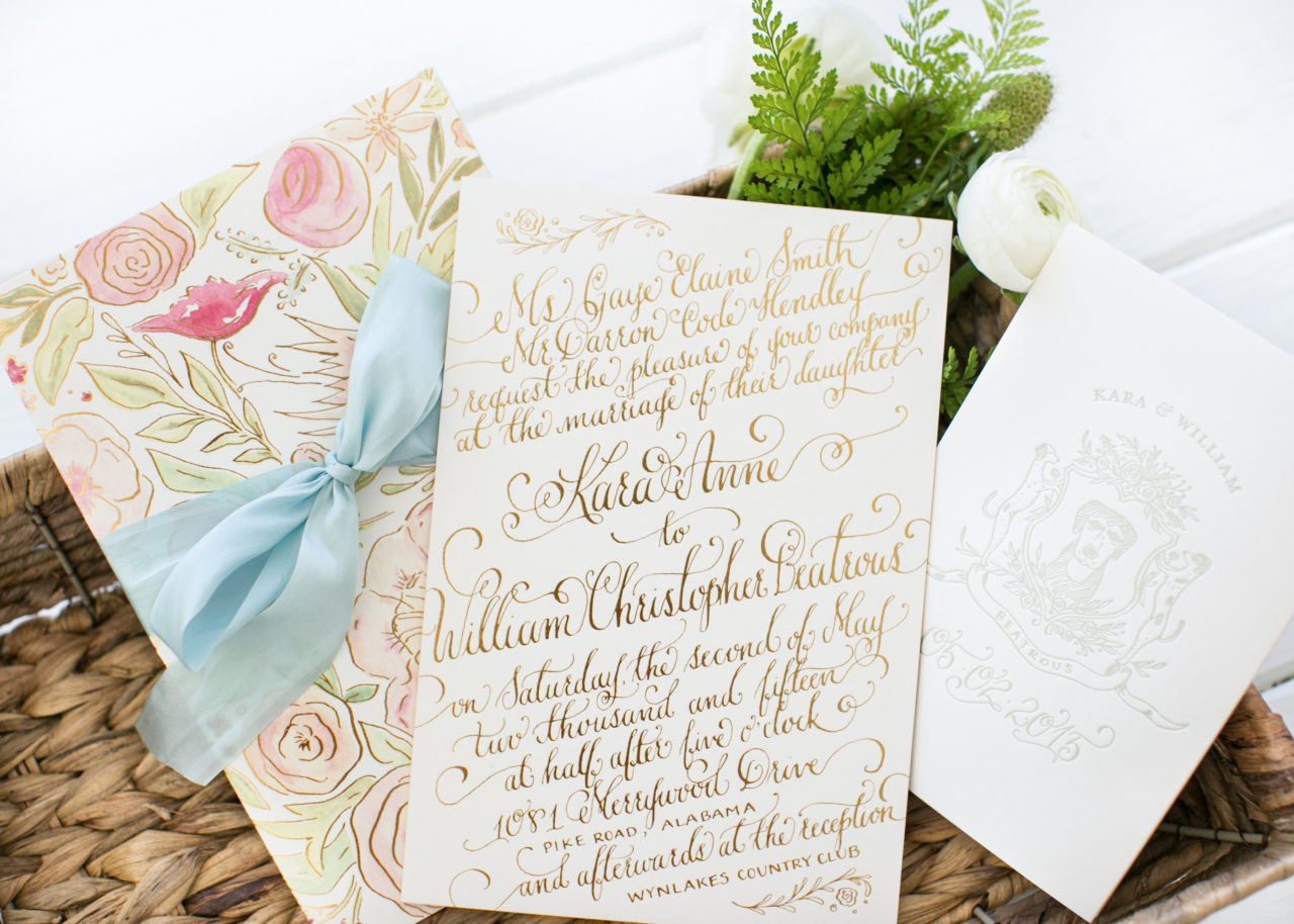 Romantic Gold Foil Calligraphy Wedding Invitations by Kara Anne Paper