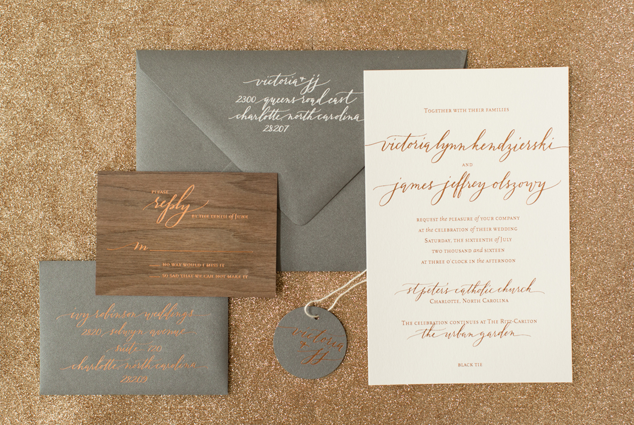 Rustic Boho Wood and Copper Foil Wedding Invitations by Atheneum Creative