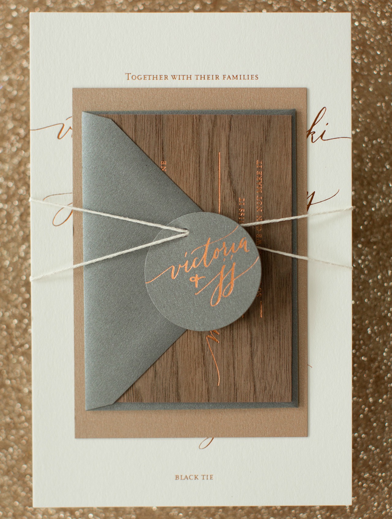Rustic Boho Wood and Copper Foil Wedding Invitations by Atheneum Creative