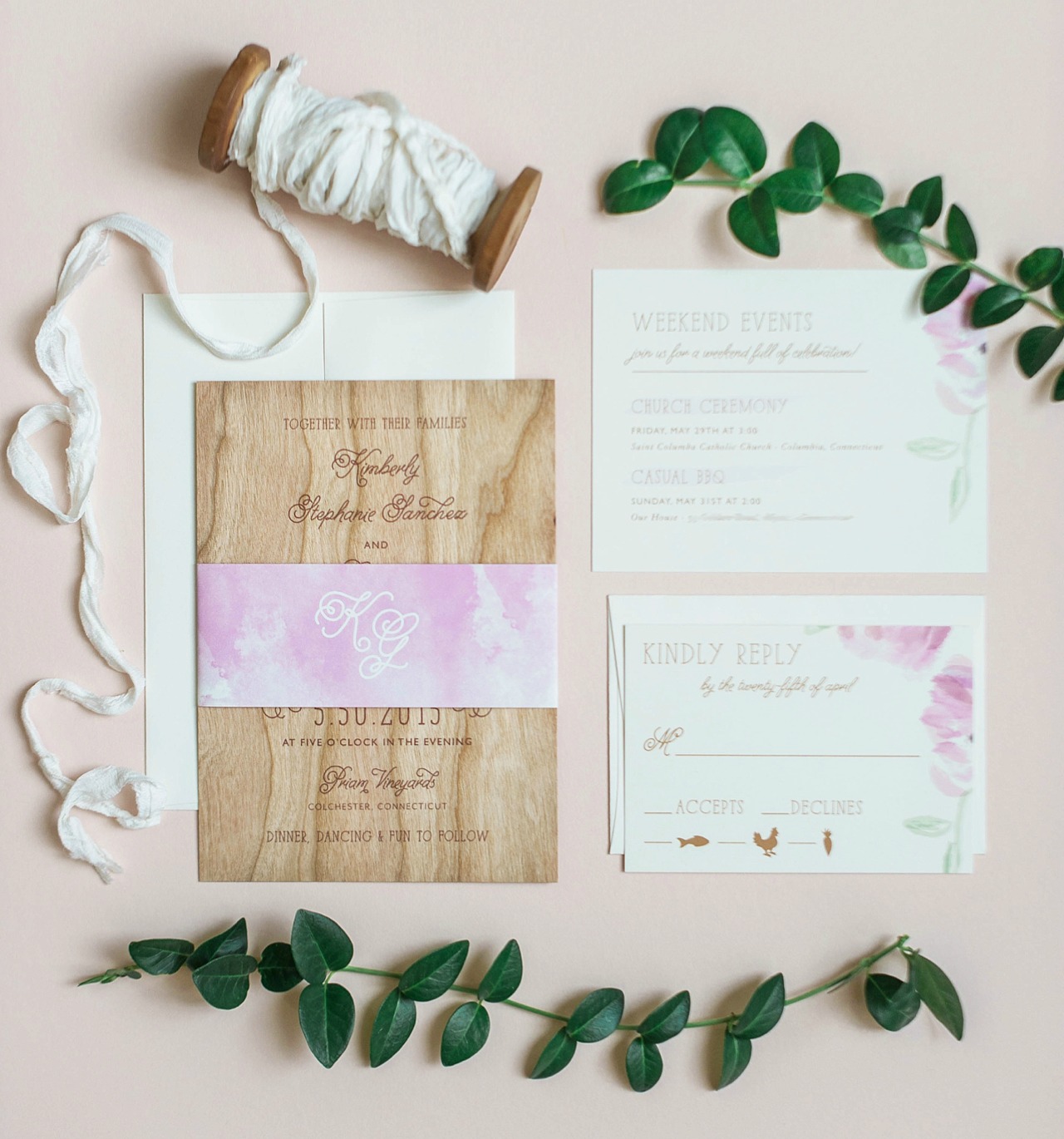 Wood Veneer and Watercolor Floral Wedding Invitations by Roseville Designs