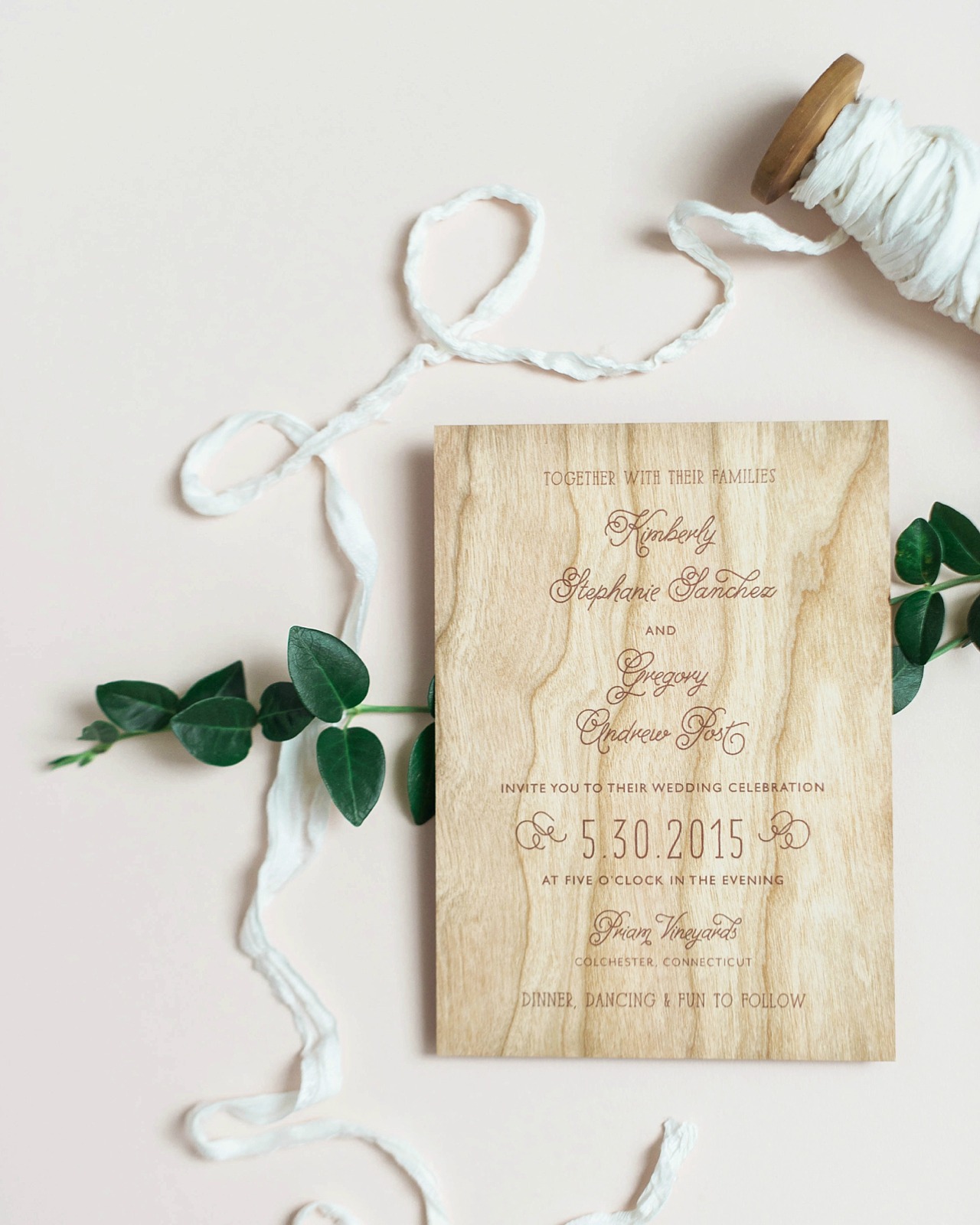 Wood Veneer and Watercolor Floral Wedding Invitations by Roseville Designs