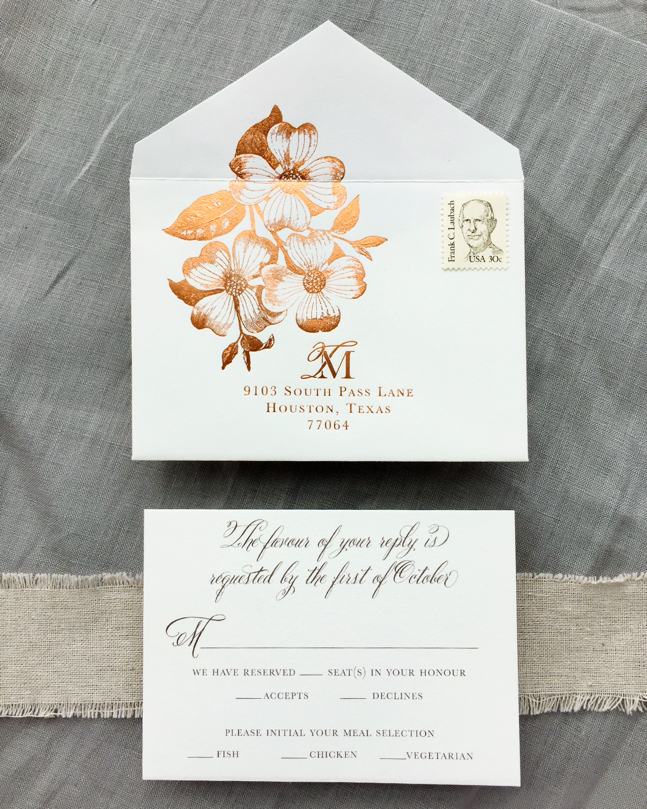 Autumn Copper Foil Wedding Invitations by Charm & Fig