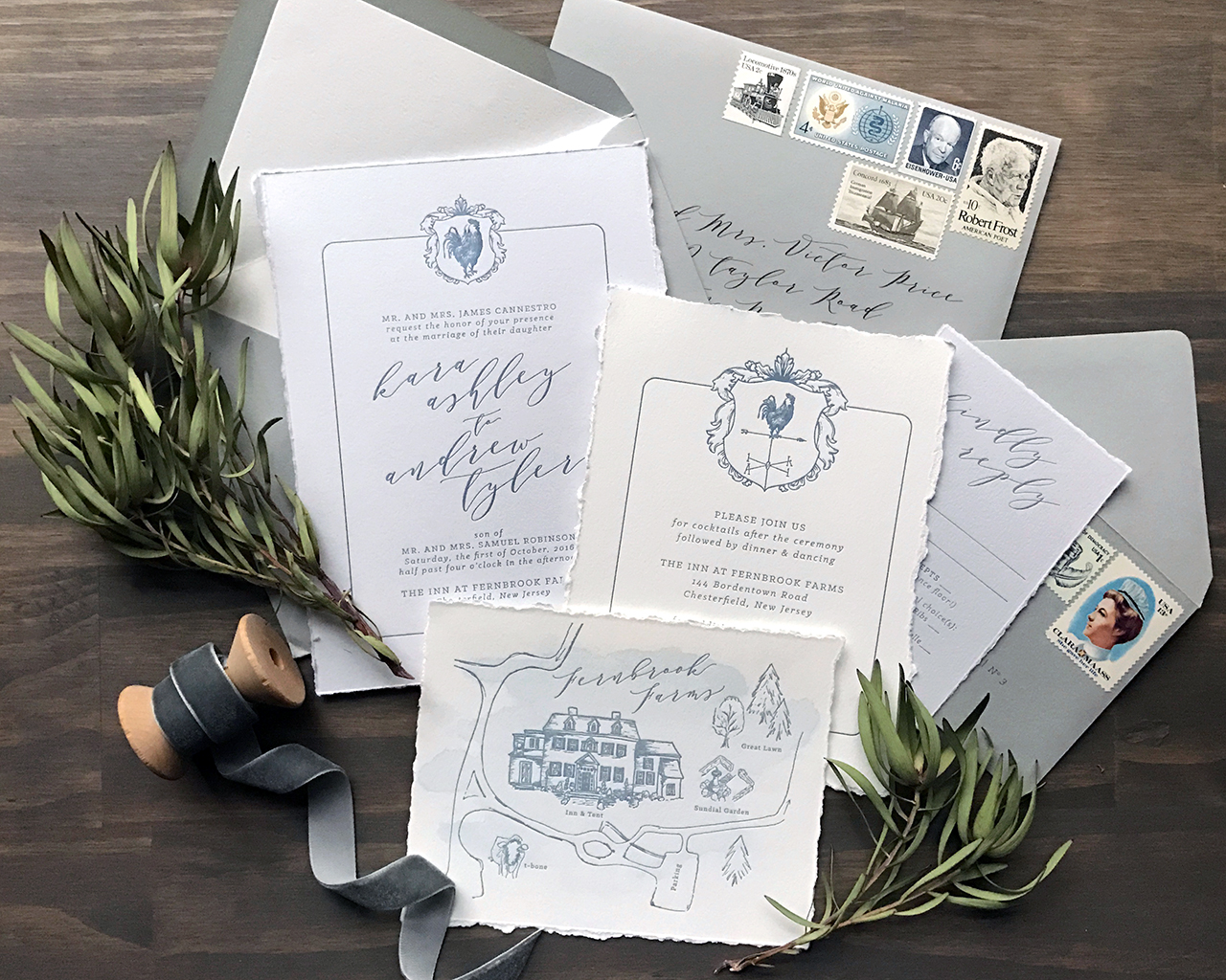 Classic Gray and French Blue Letterpress Wedding Invitations by Darling and Pearl