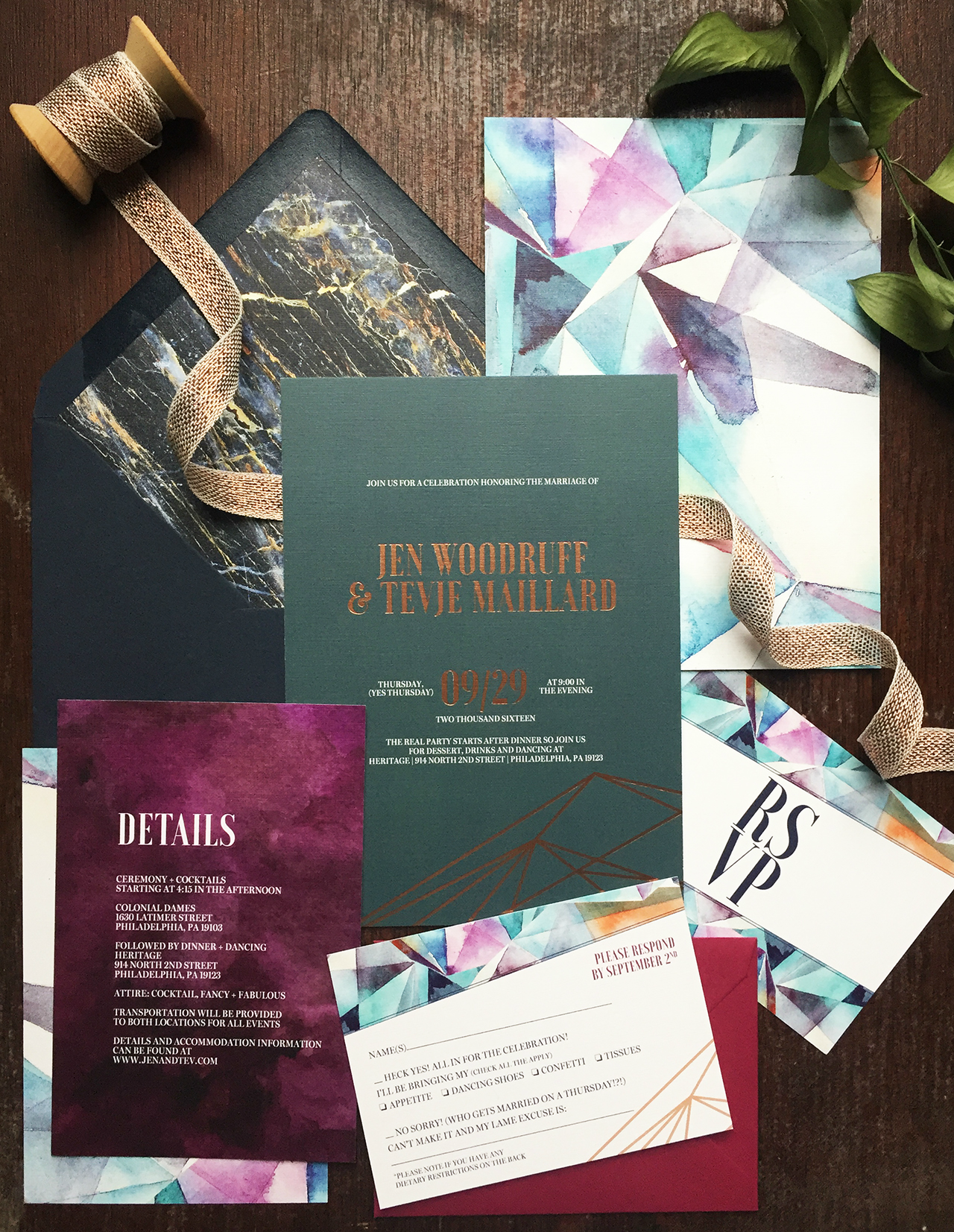 Eclectic Jewel Tone Geometric Wedding Invitations by Papertree Studio