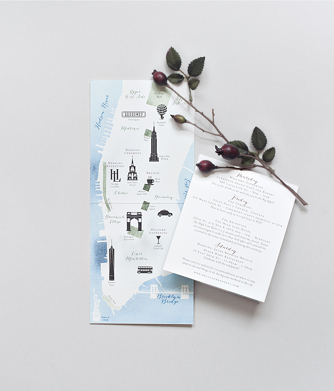 New York City Inspired Floral Watercolor Wedding Invitations by Suite Paperie 