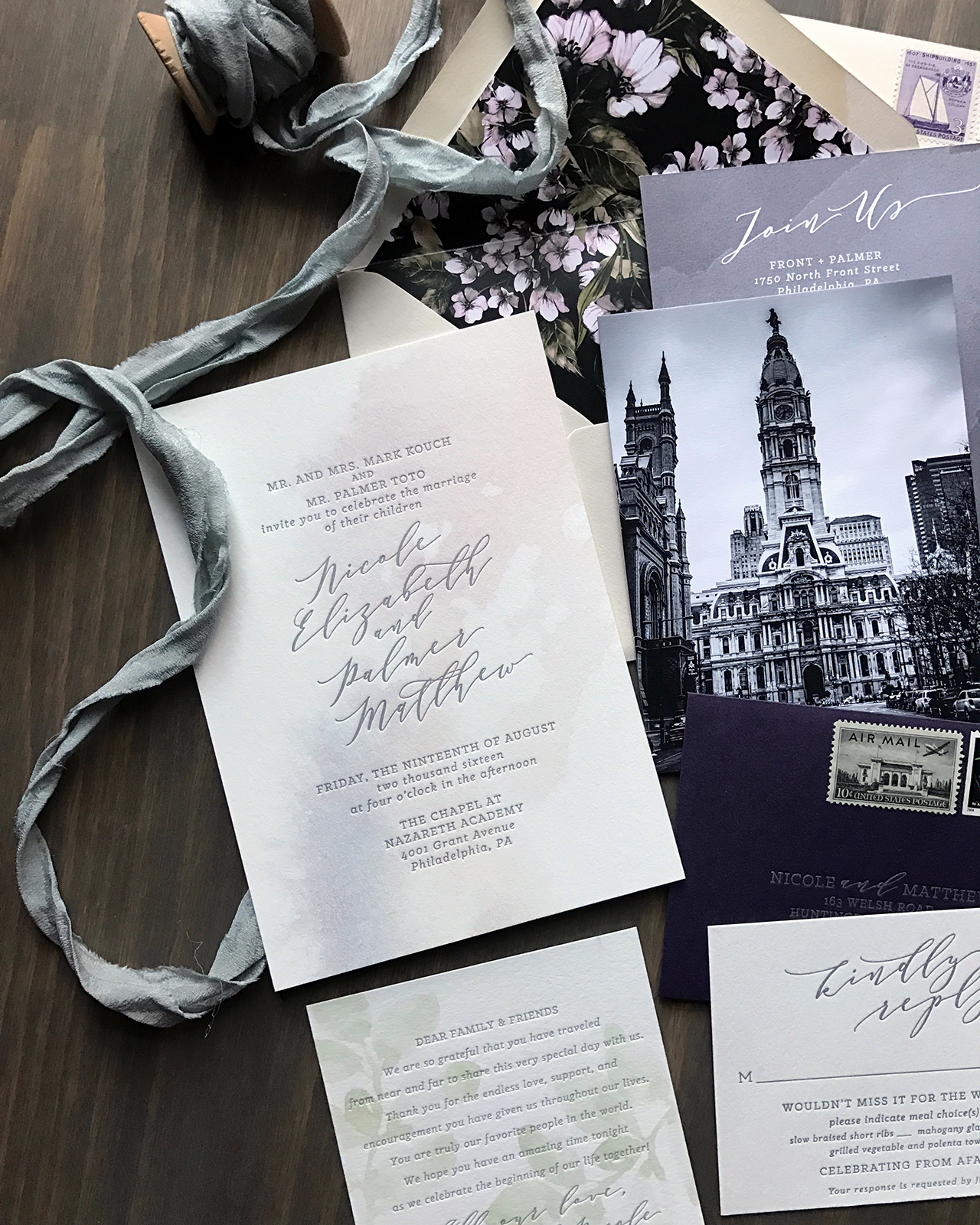 Purple and Gray Watercolor Wash Wedding Invitations by Darling and Pearl