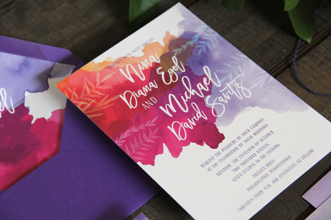 Purple and Fuchsia Watercolor Wedding Invitations by Lattice Tree Studio