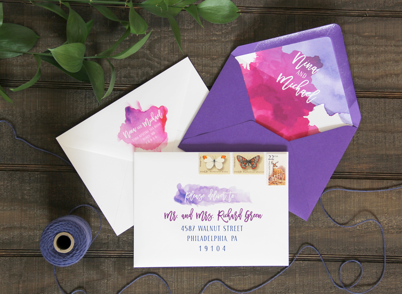 Purple and Fuchsia Watercolor Wedding Invitations by Lattice Tree Studio