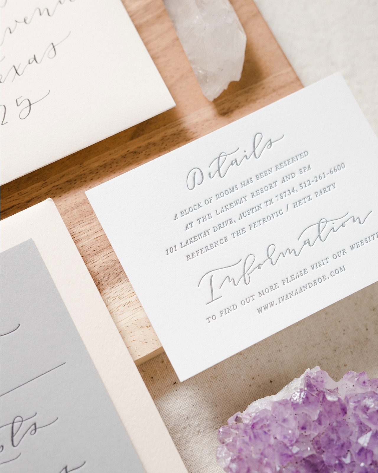 Romantic Blush and Gray Letterpress Calligraphy Wedding Invitations by Paper & Honey