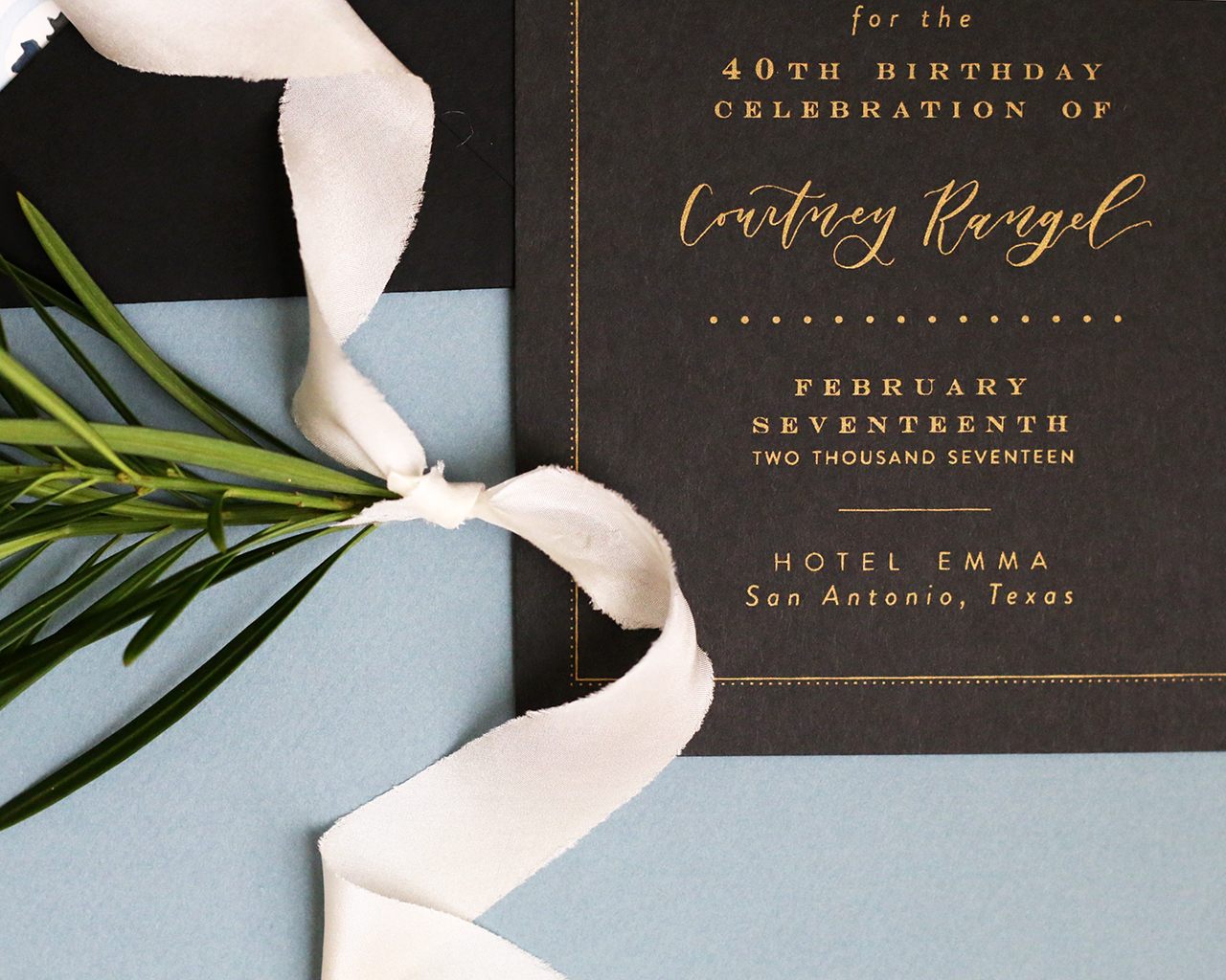 Traditional Black and Gold Screen Printed Invitations by Goldie Design Co.