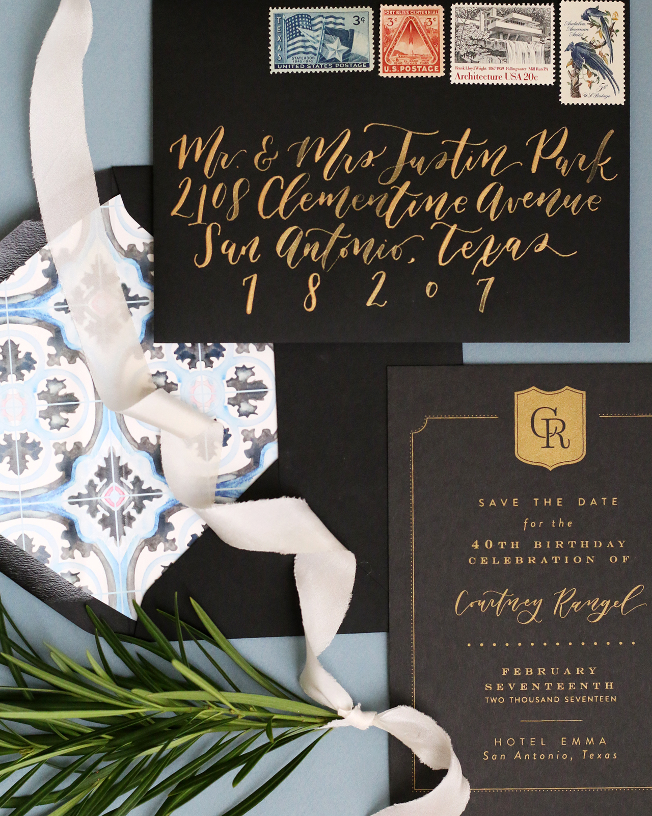 Traditional Black and Gold Screen Printed Invitations by Goldie Design Co.