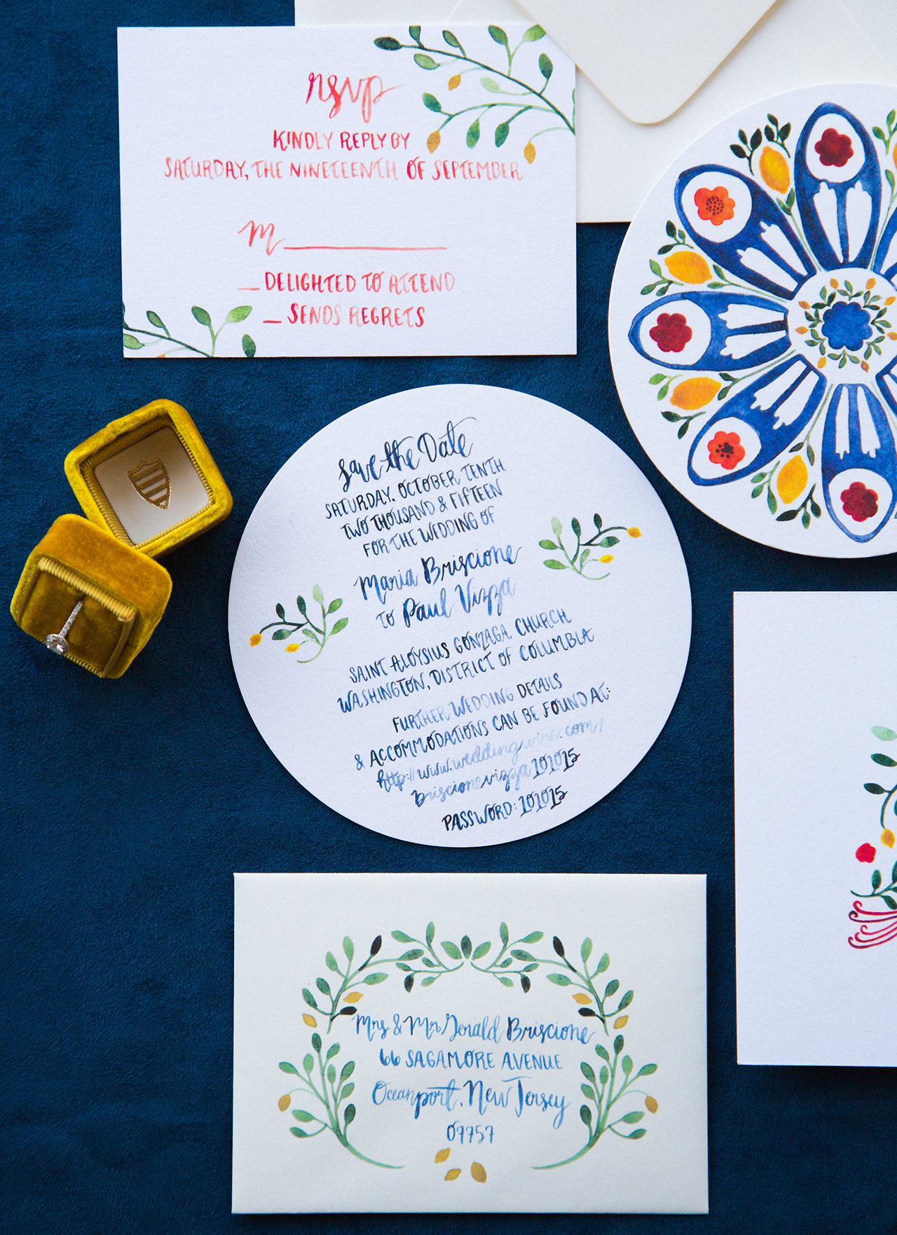 Vibrant Blue and Red Watercolor Wedding Invitations by Lovely Paper Things 