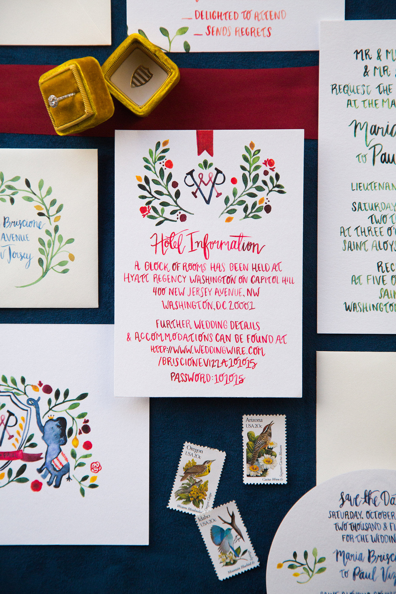 Vibrant Blue and Red Watercolor Wedding Invitations by Lovely Paper Things 