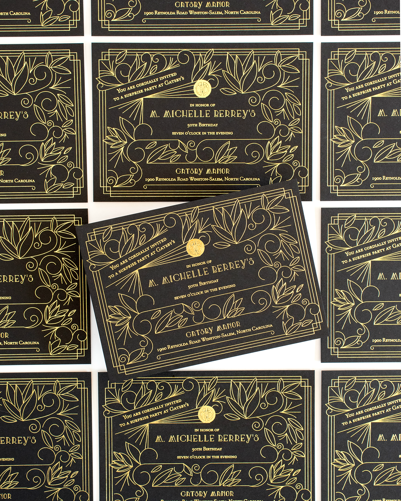Black and Gold Foil Art Deco Birthday Party Invitations by One and Only Paper