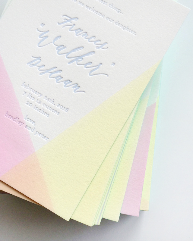 Best of 2016: Dip Dyed Letterpress Printed Baby Announcements by Swell Press Paper