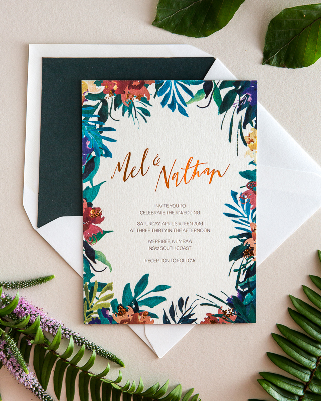 Best Wedding Invitations of 2016: Tropical Garden and Copper Foil Wedding Invitations by The Distillery