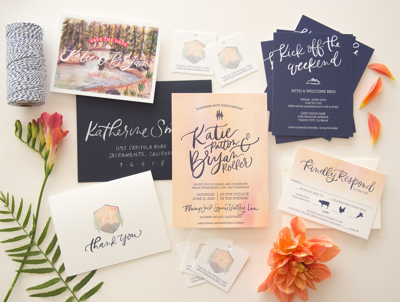 Best Wedding Invitations of 2016: Peach and Navy Blue Watercolor Wedding Invitations by Bright Room Studio