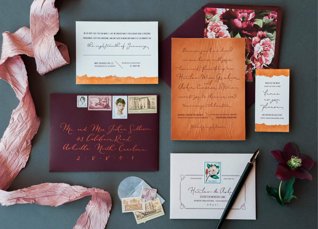 Best Wedding Invitations of 2016: Leather and Copper Leaf Wedding Invitations by Coral Pheasant