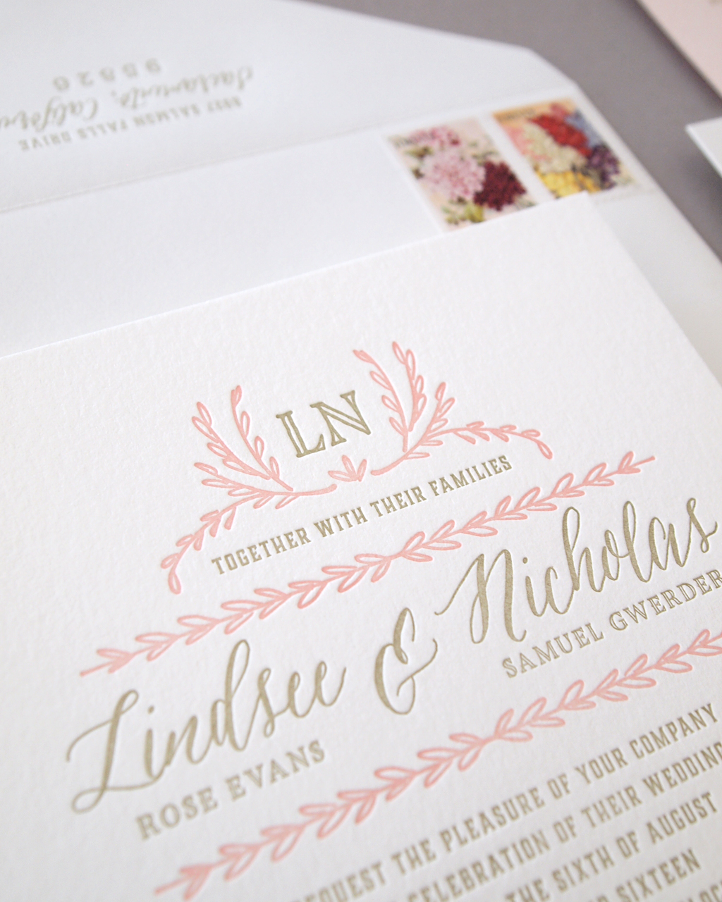 Elegant Blush and Gold Letterpress Wedding Invitations by Missive
