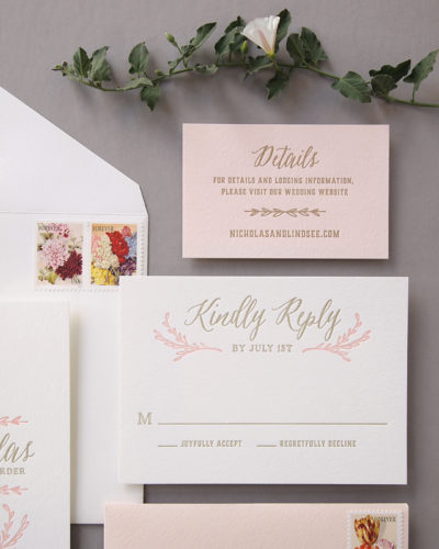 Elegant Blush And Gold Letterpress Wedding Invitations