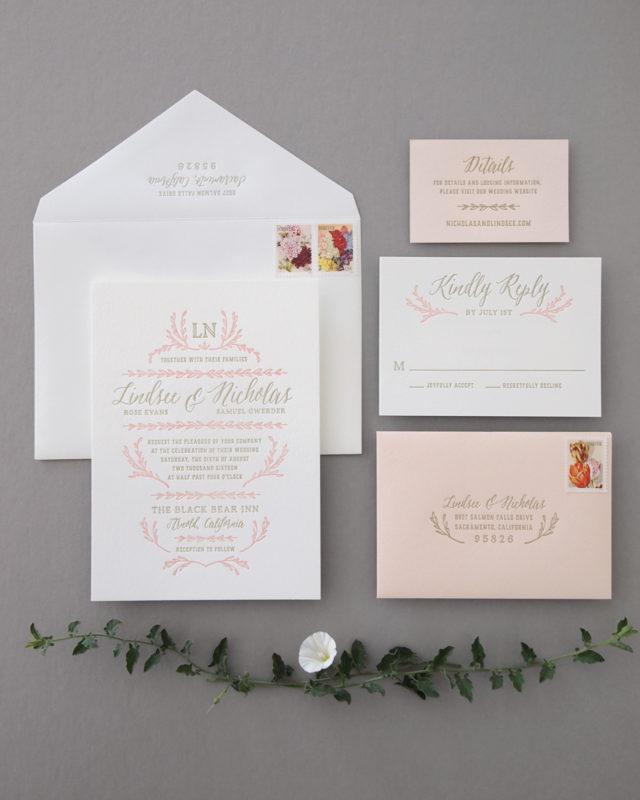 Elegant Blush And Gold Letterpress Wedding Invitations