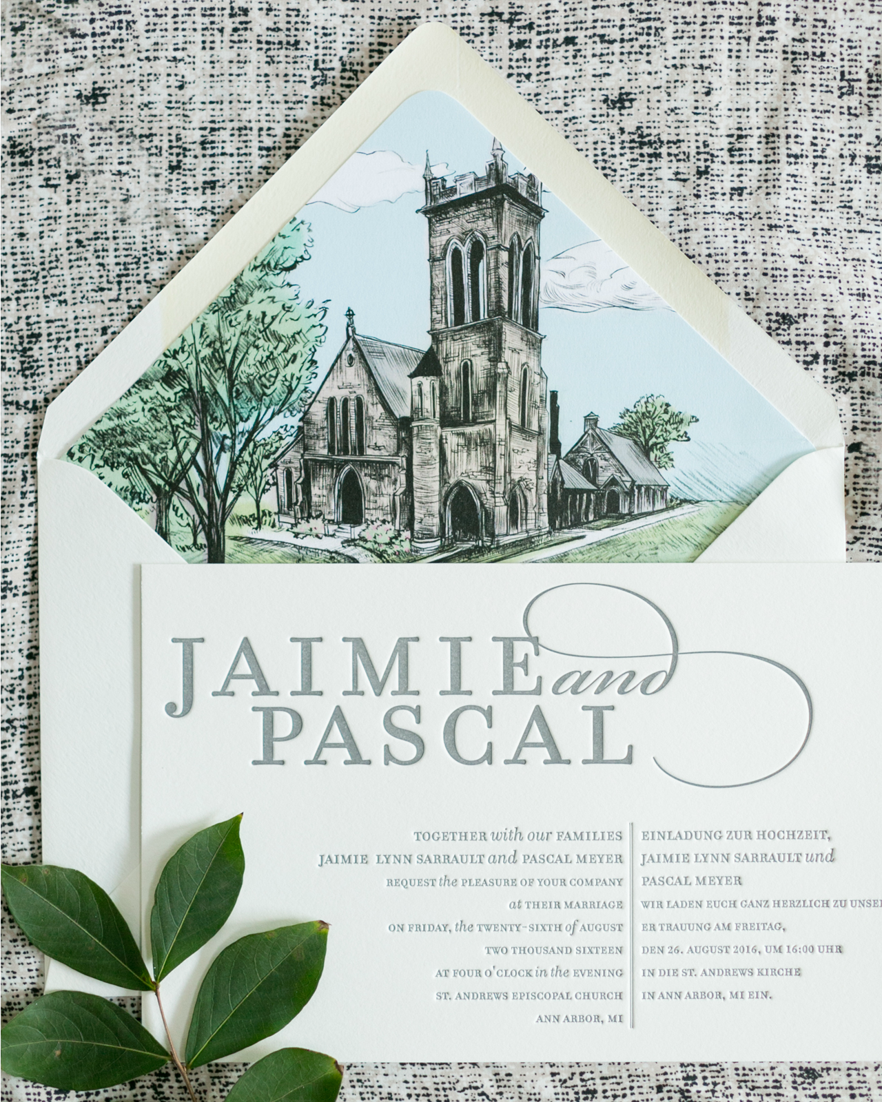 Bilingual Wedding Invitations with a Beautiful Illustrated Envelope Liner by Atheneum Creative