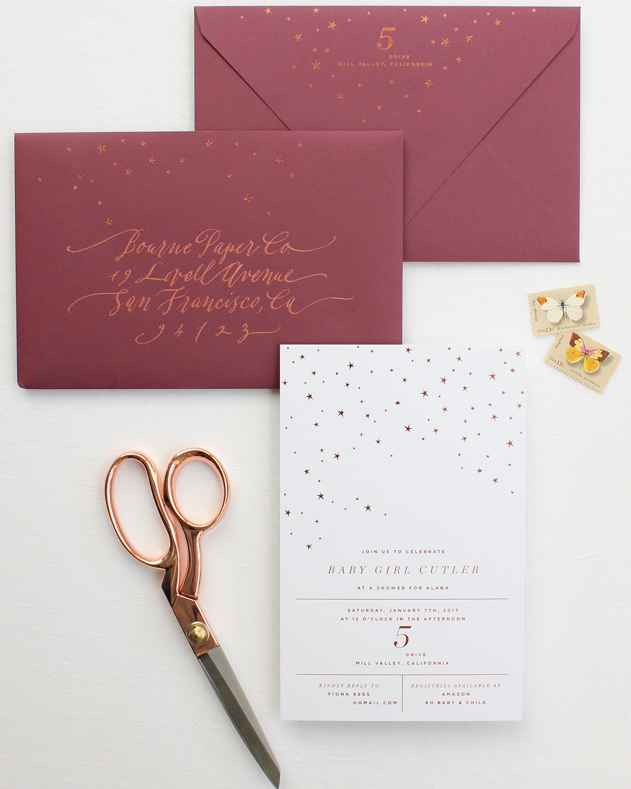 Refined Copper and Burgundy Star Inspired Baby Shower Invitations by Bourne Paper Co.