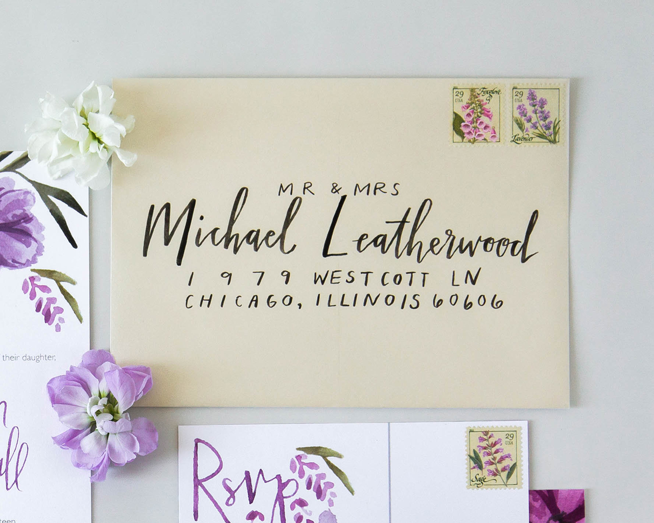Vibrant Purple Floral Watercolor Wedding Invitations by Sommer Letter Co.
