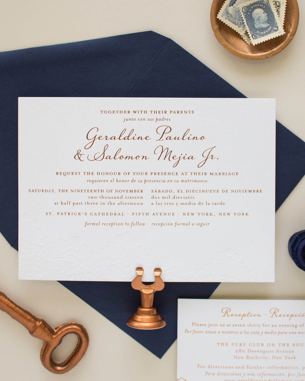 Bilingual Copper Foil and Blind Letterpress Wedding Invitations by Banter and Charm