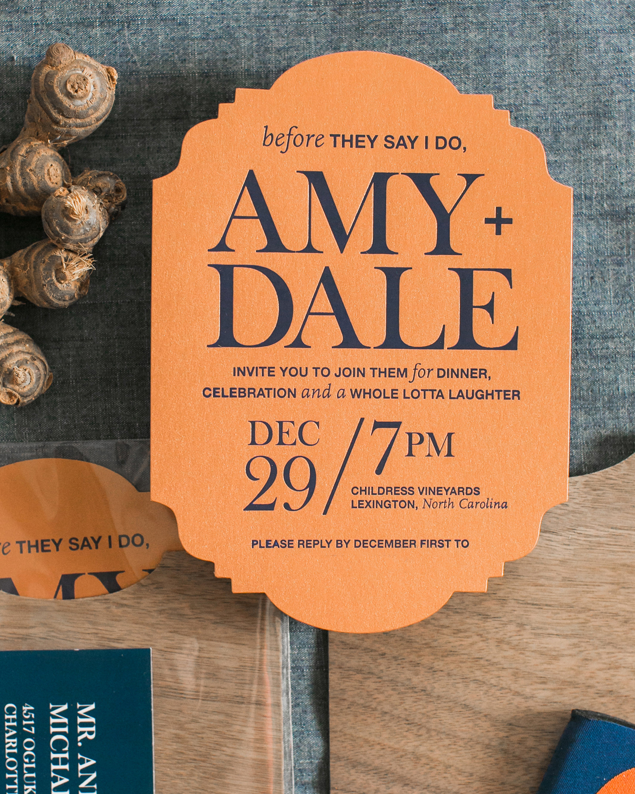 Rustic Orange, Navy, and Wood Rehearsal Dinner Invitations by Atheneum Creative