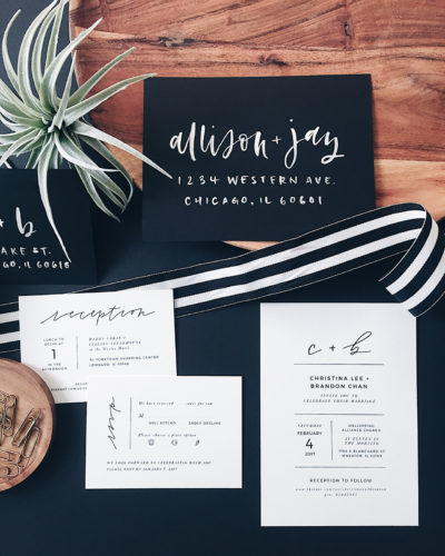 Minimalist Black and White Hand Lettered Wedding Invitations