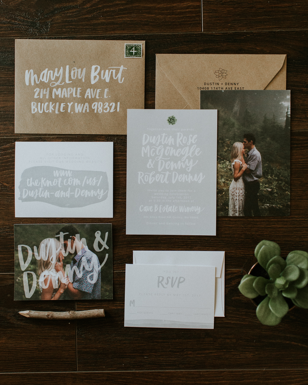 Rustic Succulent-Inspired Gray and Green Wedding Invitations by Eleven and West