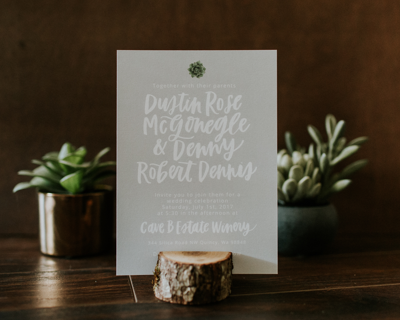 Rustic Succulent-Inspired Gray and Green Wedding Invitations by Eleven and West