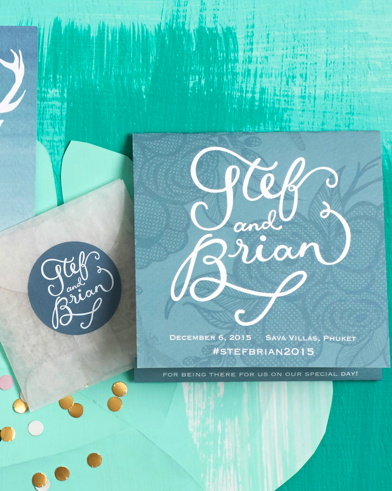 Tropical Turquoise and Gold Foil Wedding Invitations by Berin Made