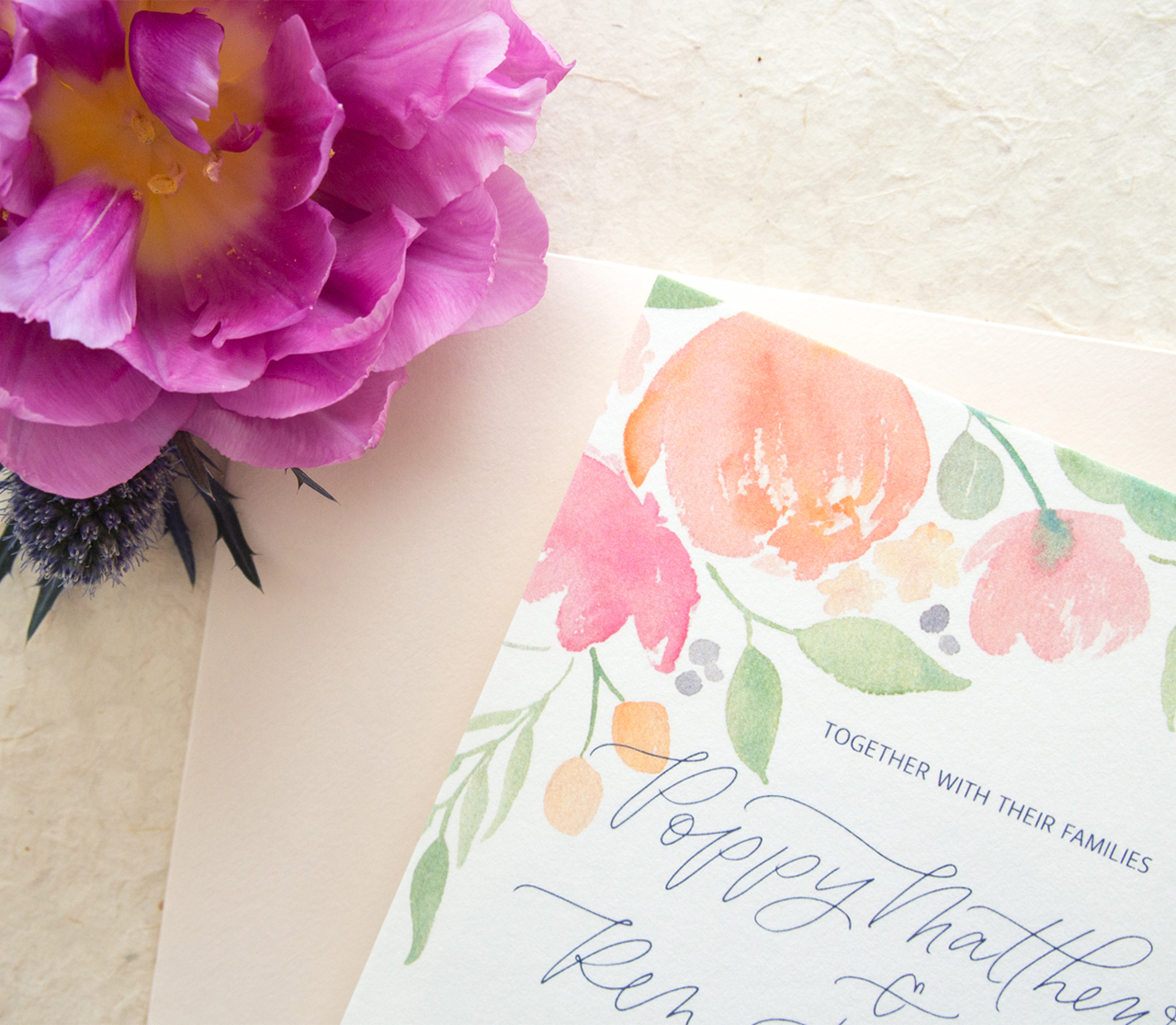 Whimsical Poppy and Eucalyptus Watercolor Wedding Invitations by Bright Room Studio