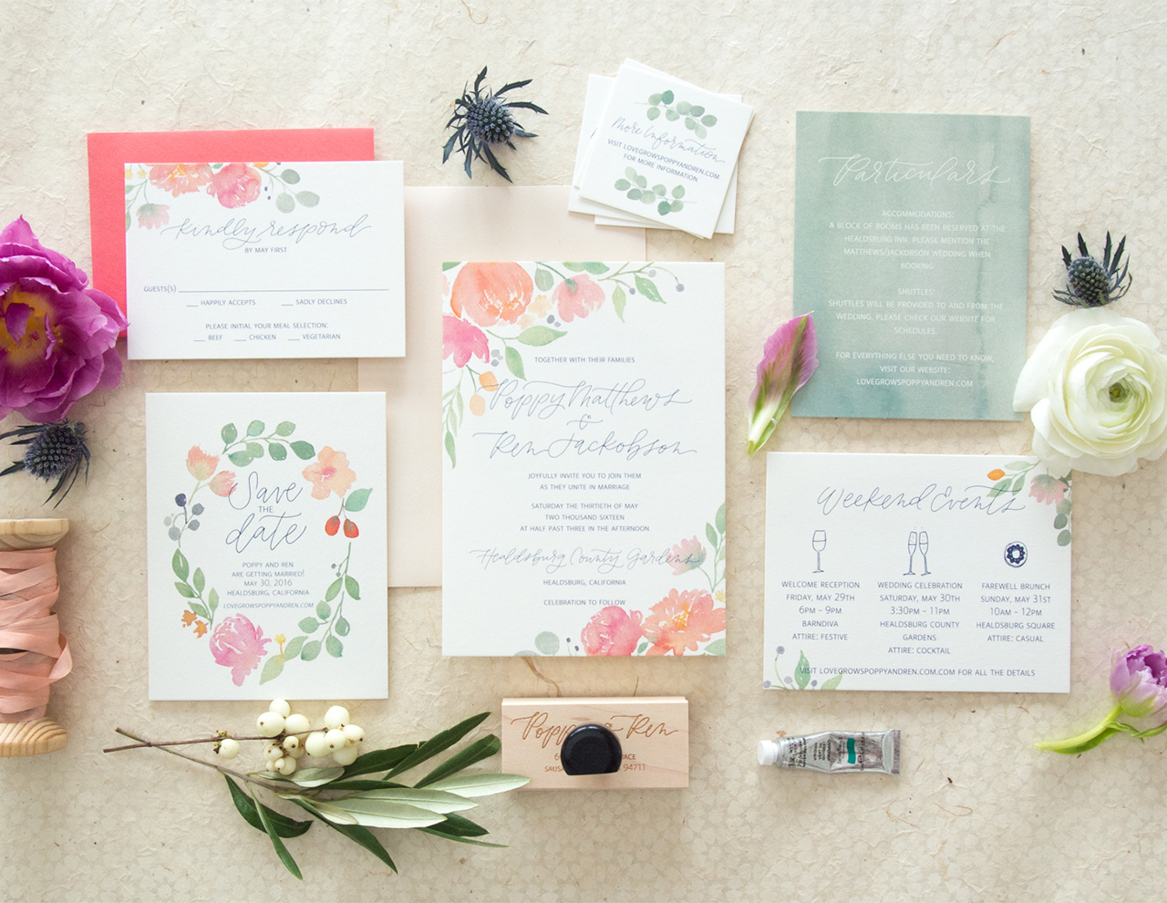 Whimsical Poppy and Eucalyptus Watercolor Wedding Invitations by Bright Room Studio