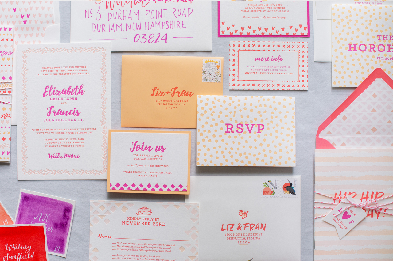 Colorful Patterned Letterpress Wedding Invitations by Gus and Ruby Letterpress