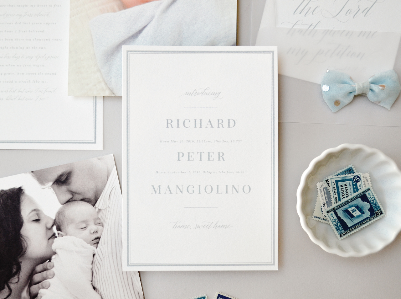 Refined Powder Blue and Vellum Baby Announcements