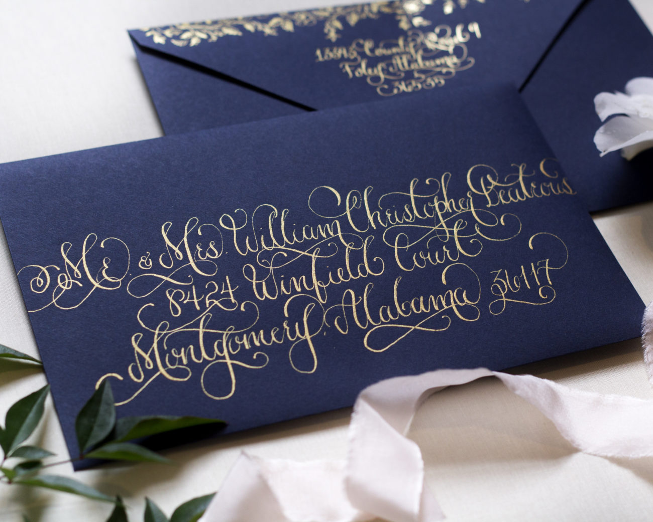 Regal Navy and Gold Foil Calligraphy Wedding Invitations