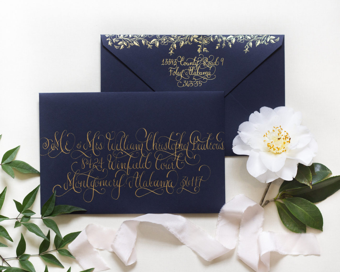 Regal Navy and Gold Foil Calligraphy Wedding Invitations