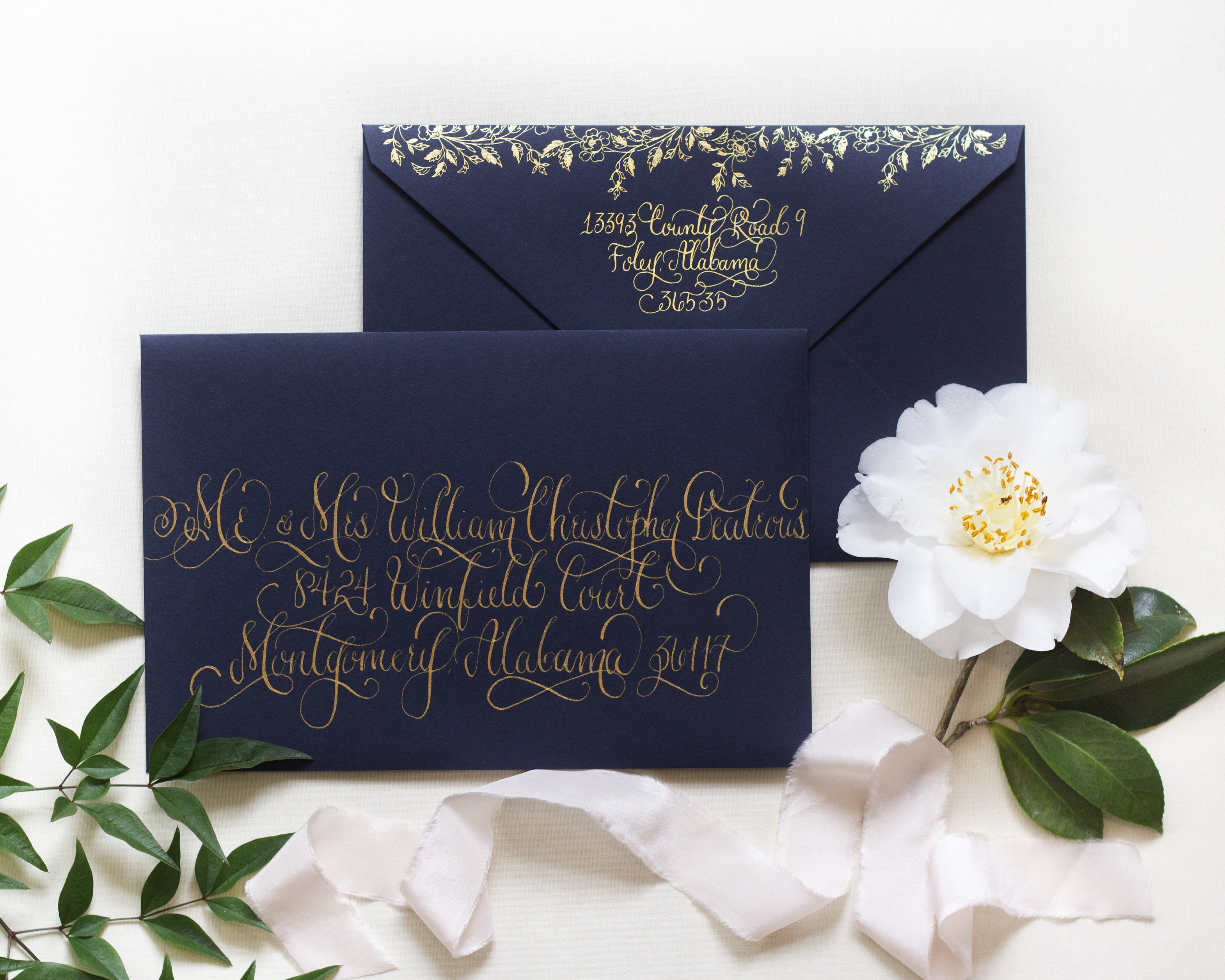 Regal Navy and Gold Foil Calligraphy Wedding Invitations by Kara Anne Paper