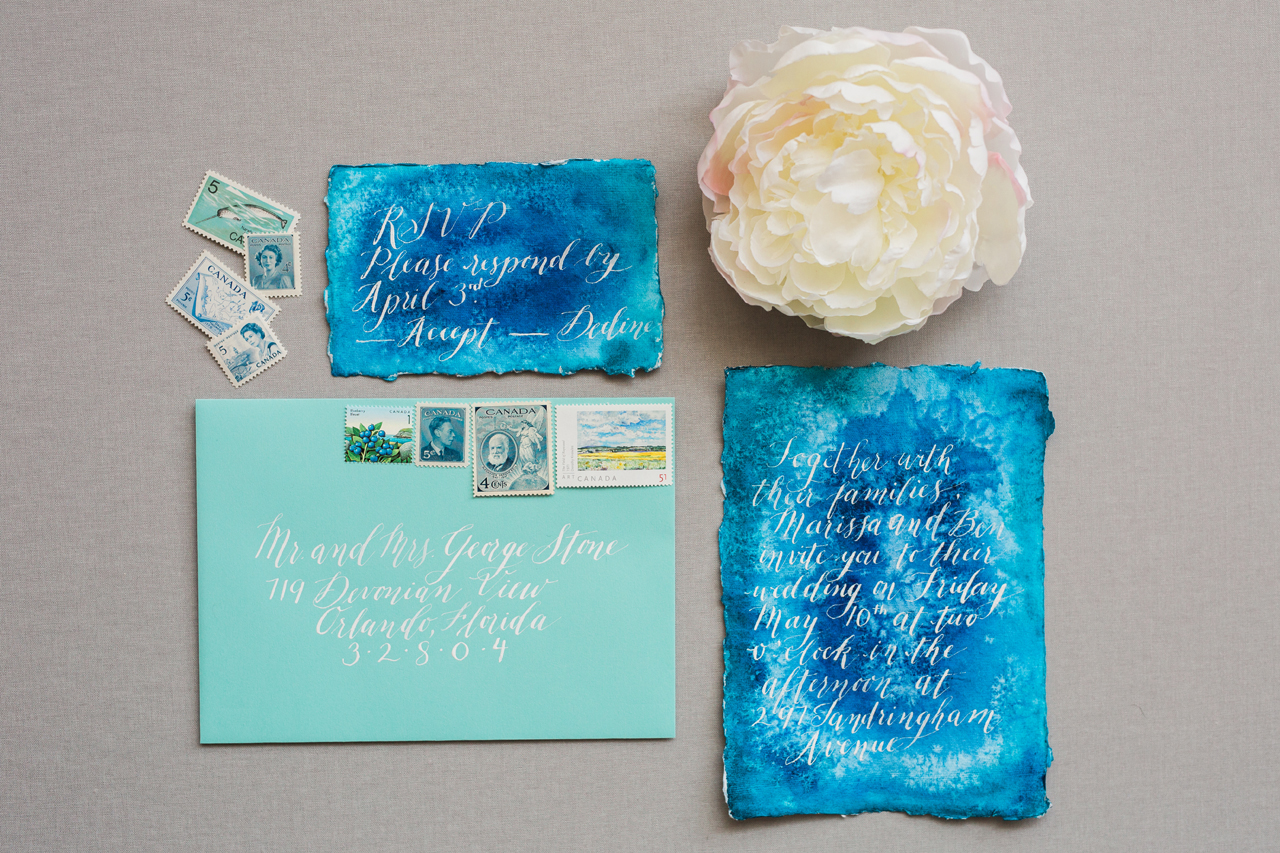 Blue Agate-Inspired Watercolor Wedding Invitations by Debbie Wong Design