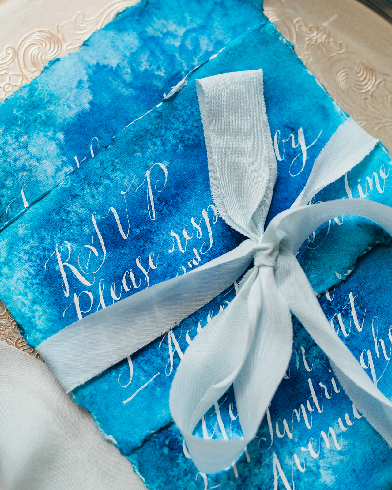Blue Agate-Inspired Watercolor Wedding Invitations by Debbie Wong Design